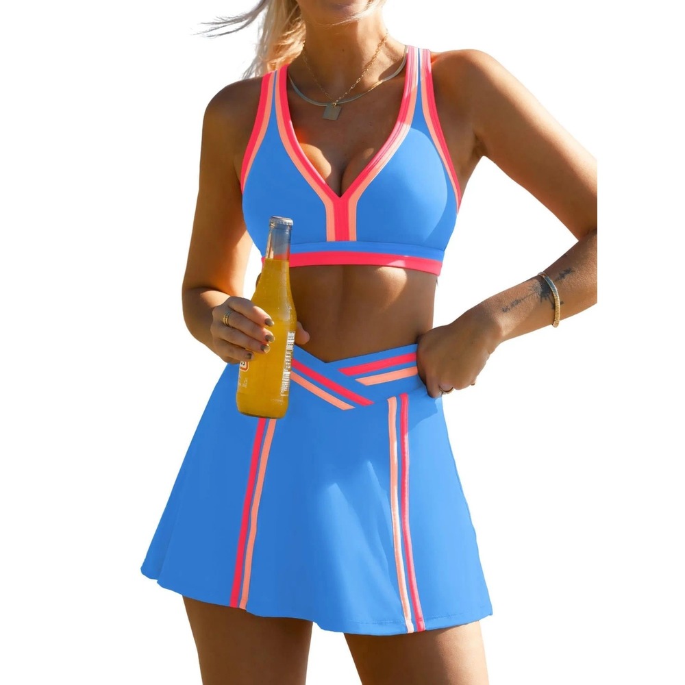NWT Popvil Womens 3 Pc High Waisted Bikini Set with Skirt Neon Sky Blue Medium